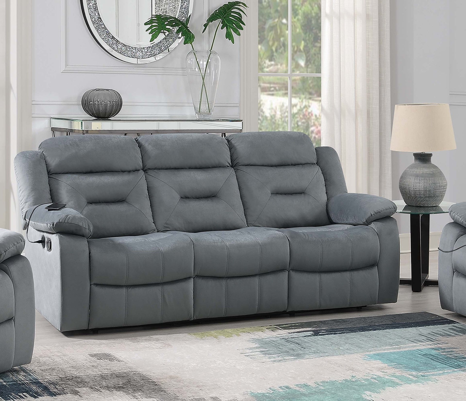 Contemporary Style 3pc Living Room Set 1x Sofa 1x Loveseat 1x Recliner Pillow Armrest Supportive Headrest Vertical Tufting Dark Gray Finish Primary Living Room Furniture
