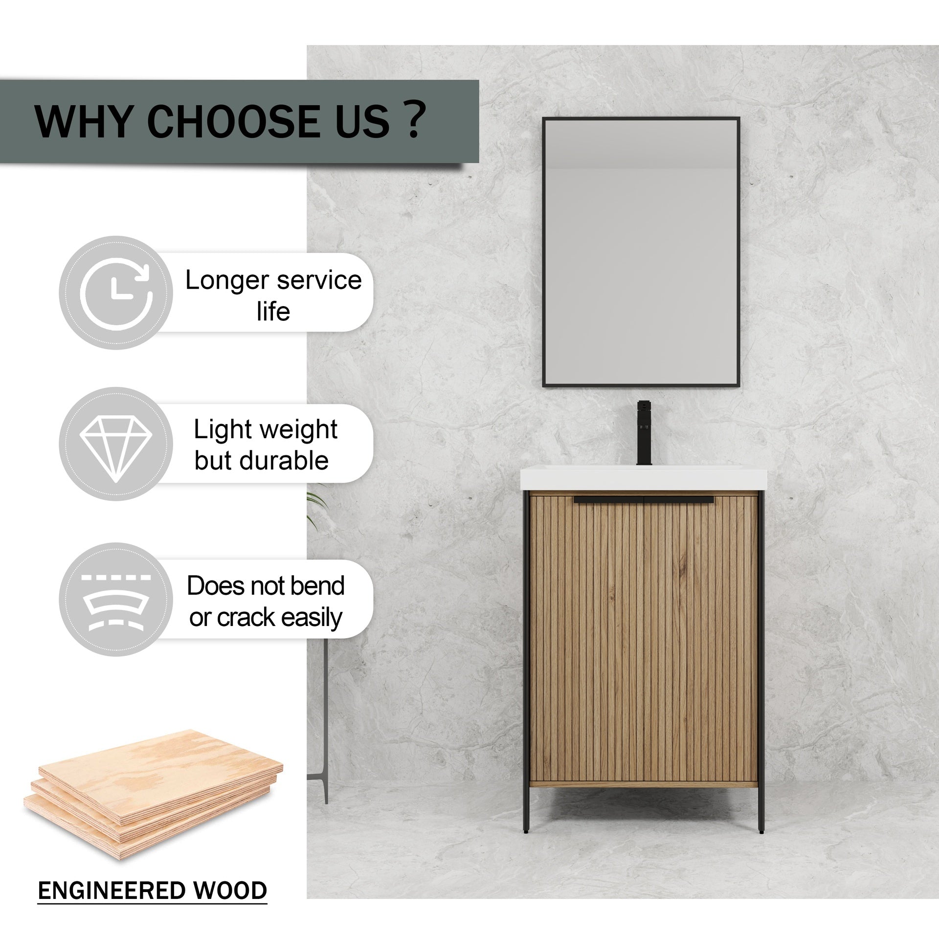 24" Freestanding Bathroom Vanity with Resin Sink & 2 Soft-Close Cabinet Doors (KD-Packing)