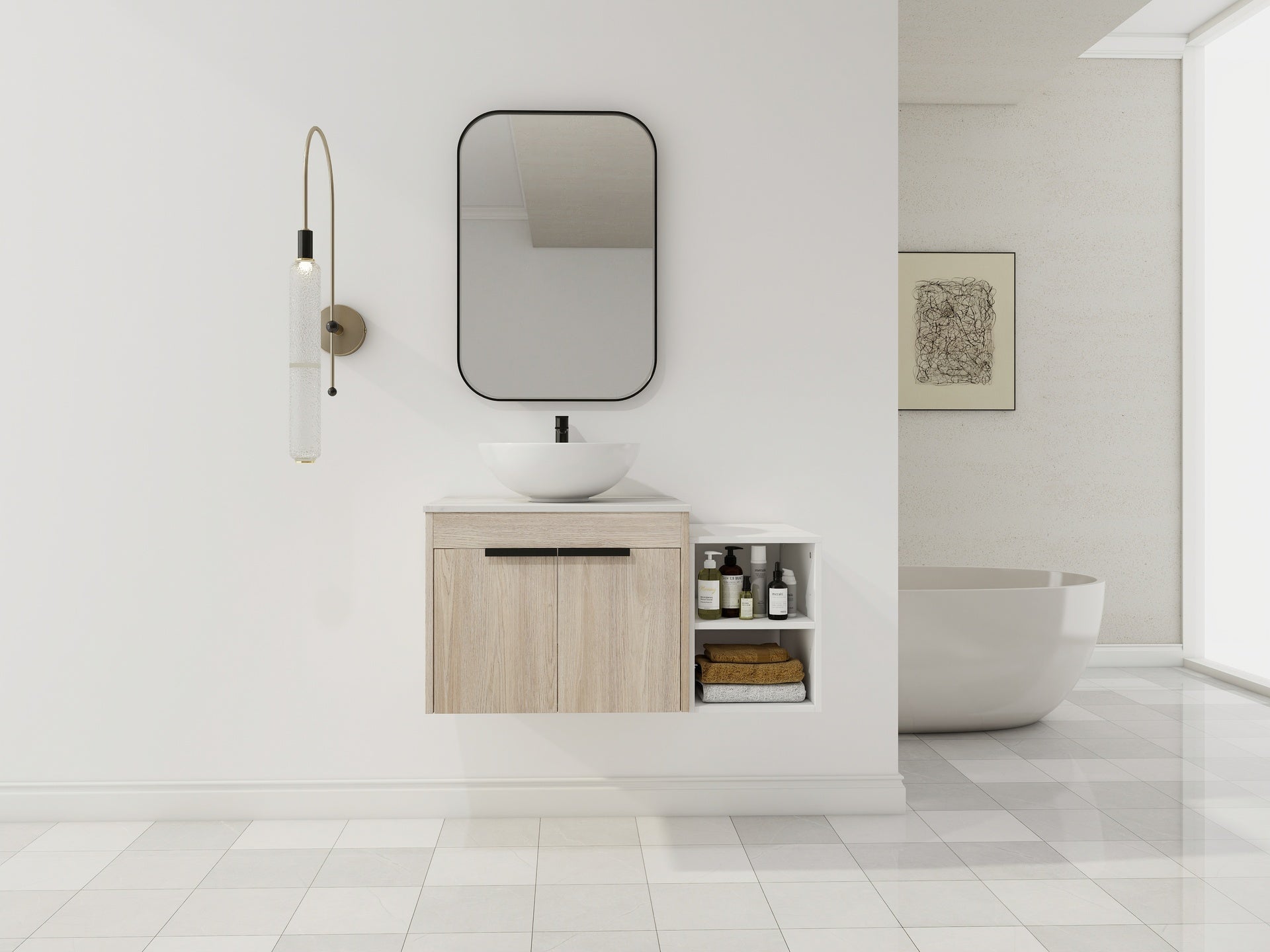 36 " Modern Design Float Bathroom Vanity With Ceramic Art Sink, White Flat Stone Slab and Small Storage Shelves,  Soft Closed Door,KD-Package (TOP-BAB321MOWH)