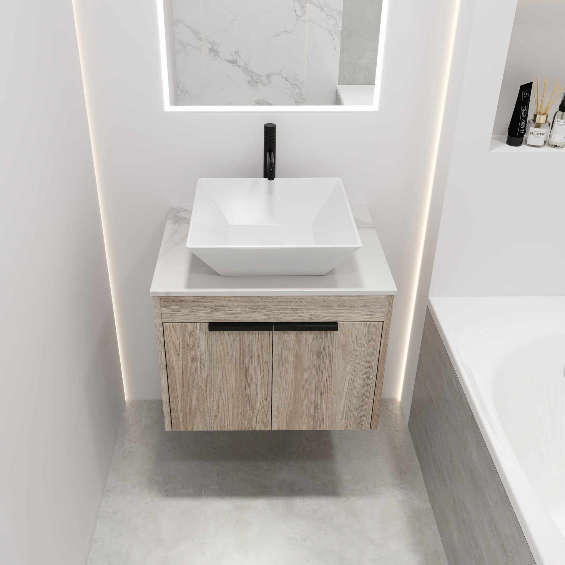24 " Modern Design Float Bathroom Vanity With Ceramic Basin Set,  Wall Mounted White Oak Vanity  With Soft Close Door,KD-Packing,KD-Packing,2 Pieces Parcel(TOP-BAB101MOWH)