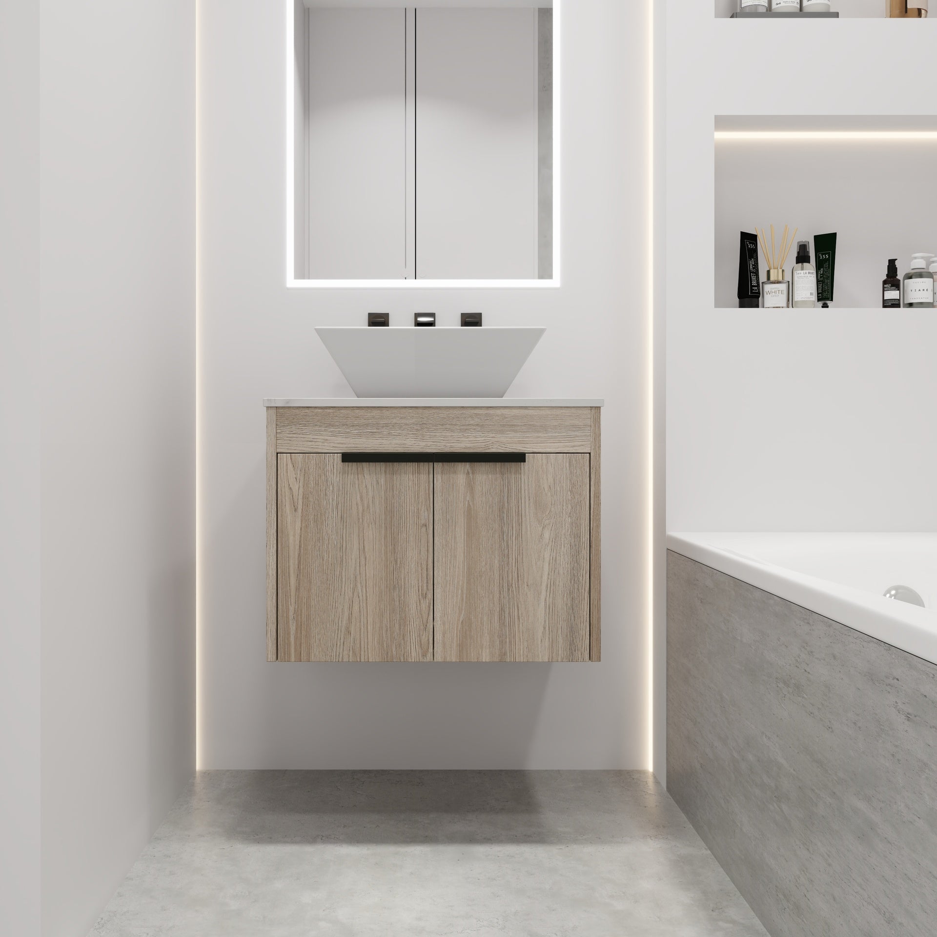 24 " Modern Design Float Bathroom Vanity With Ceramic Basin Set,  Wall Mounted White Oak Vanity  With Soft Close Door,KD-Packing,KD-Packing,2 Pieces Parcel(TOP-BAB101MOWH)