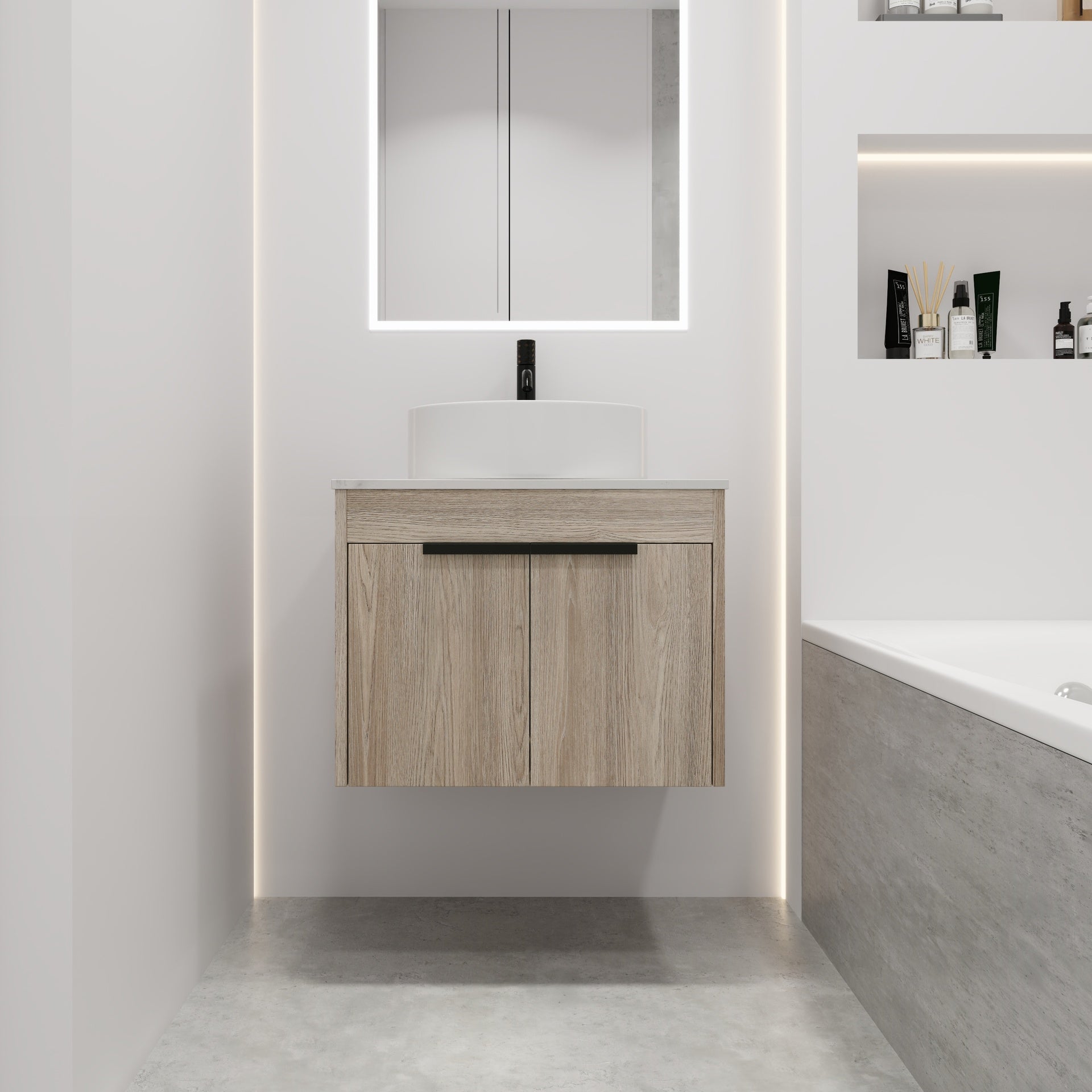 24 " Modern Design Float Bathroom Vanity With Ceramic Basin Set,  Wall Mounted White Oak Vanity  With Soft Close Door,KD-Packing,KD-Packing,2 Pieces Parcel(TOP-BAB400MOWH)