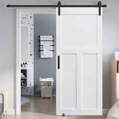 CRAZY ELF 28" x 84" "T" Style Real Primed Door Slab + 6.6FT Barn Door Sliding Hardware + Adjustable Floor Guider + Pull Handle, DIY Unfinished Paneled Door, Modern Interior Barn Door, Moisture-proof