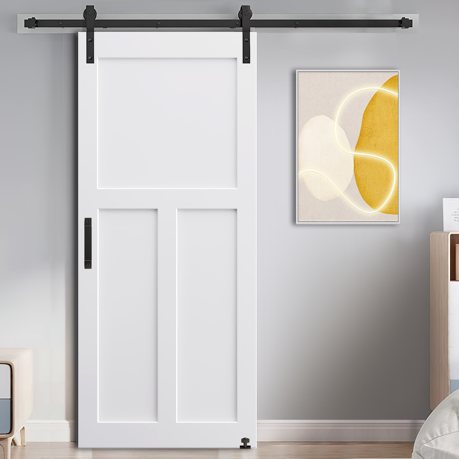 CRAZY ELF 28" x 84" "T" Style Real Primed Door Slab + 6.6FT Barn Door Sliding Hardware + Adjustable Floor Guider + Pull Handle, DIY Unfinished Paneled Door, Modern Interior Barn Door, Moisture-proof
