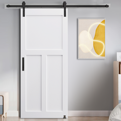 CRAZY ELF 28" x 84" "T" Style Real Primed Door Slab + 6.6FT Barn Door Sliding Hardware + Adjustable Floor Guider + Pull Handle, DIY Unfinished Paneled Door, Modern Interior Barn Door, Moisture-proof