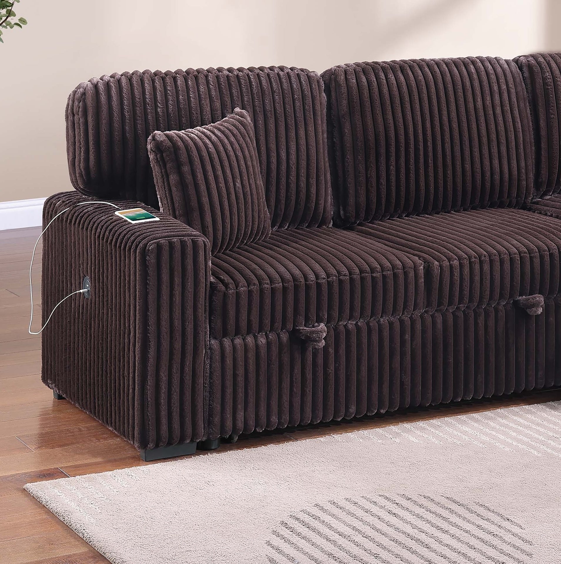 Modern Style 2pc Convertible Sectional Pull Out Sofa Fold Down Table Cup Holder USB Port Storage Chaise Matching Pillow Coffee Finish Primary Living Room