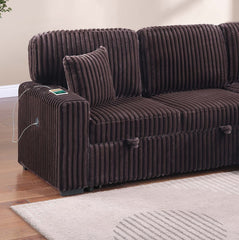 Modern Style 2pc Convertible Sectional Pull Out Sofa Fold Down Table Cup Holder USB Port Storage Chaise Matching Pillow Coffee Finish Primary Living Room