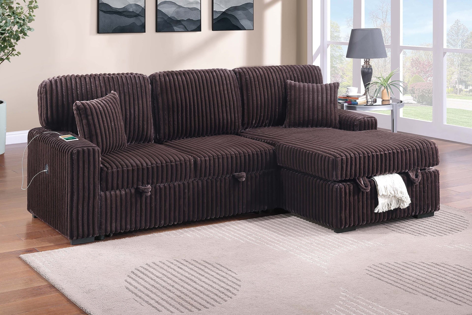 Modern Style 2pc Convertible Sectional Pull Out Sofa Fold Down Table Cup Holder USB Port Storage Chaise Matching Pillow Coffee Finish Primary Living Room