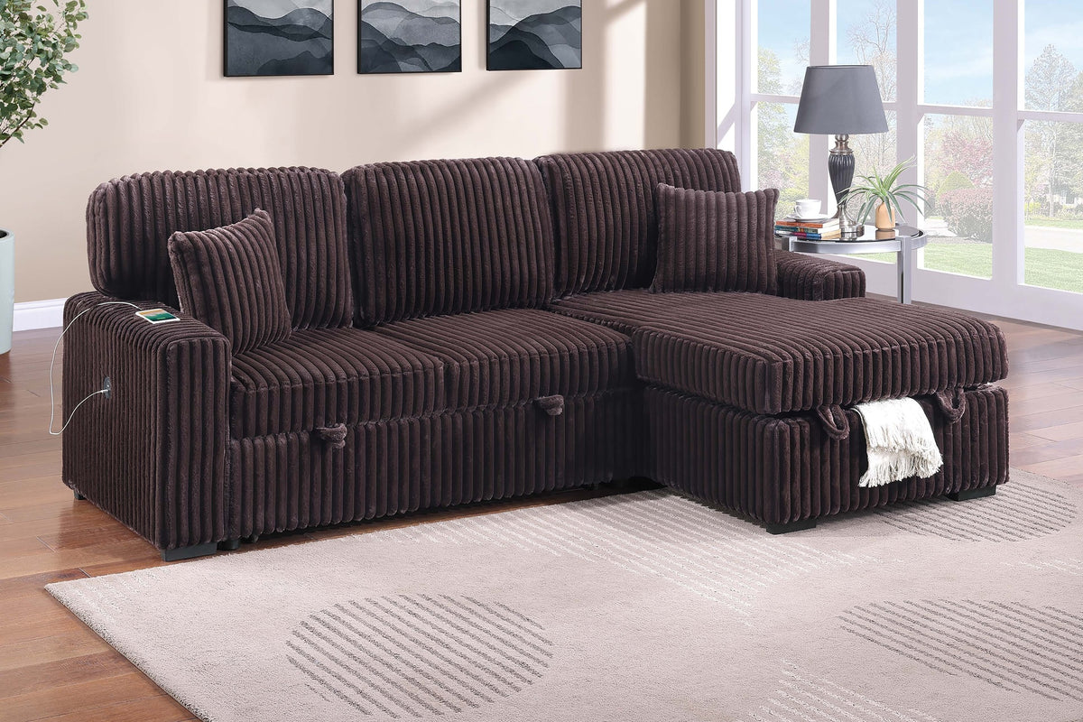 Modern Style 2pc Convertible Sectional Pull Out Sofa Fold Down Table Cup Holder USB Port Storage Chaise Matching Pillow Coffee Finish Primary Living Room