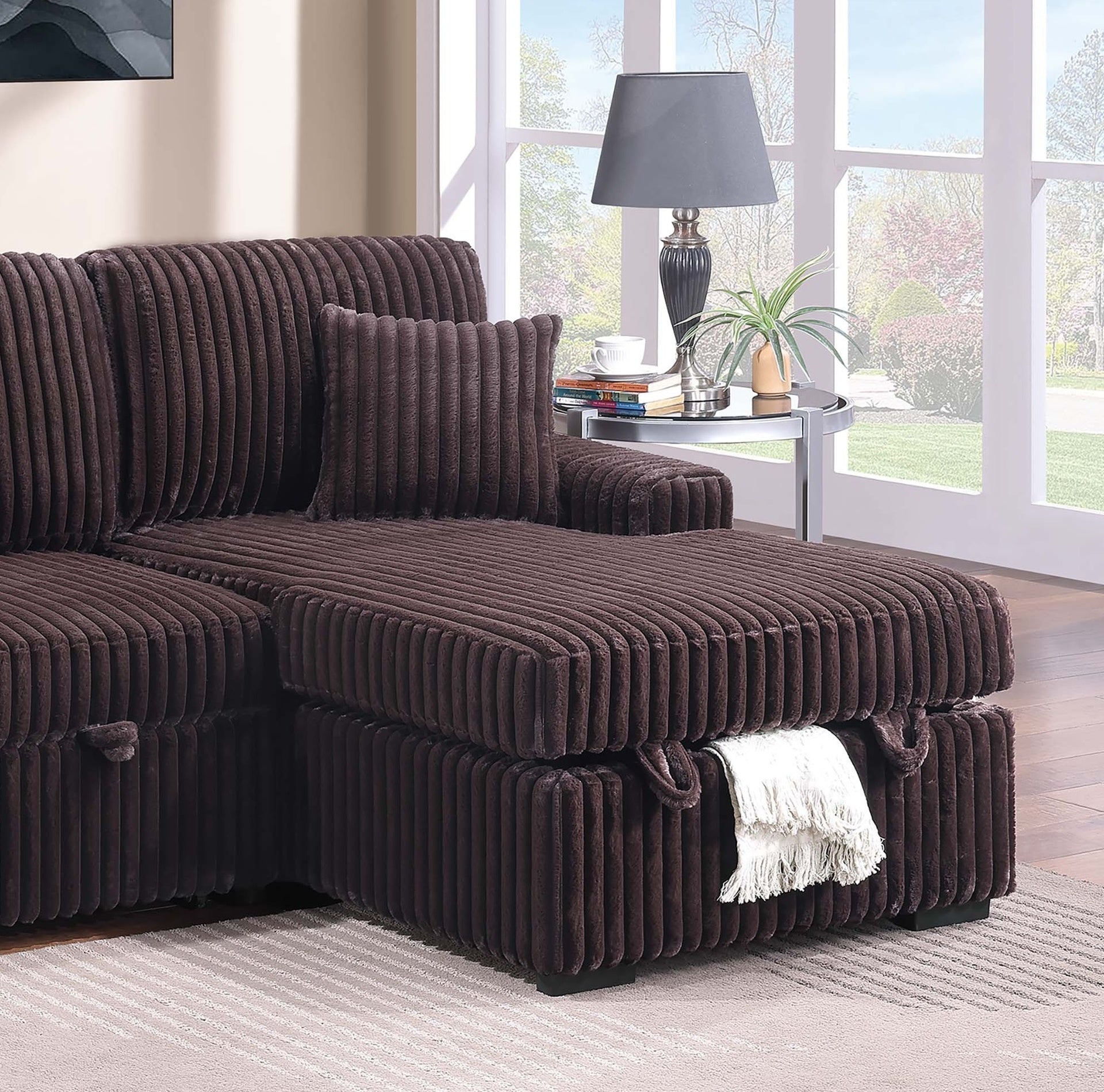 Modern Style 2pc Convertible Sectional Pull Out Sofa Fold Down Table Cup Holder USB Port Storage Chaise Matching Pillow Coffee Finish Primary Living Room