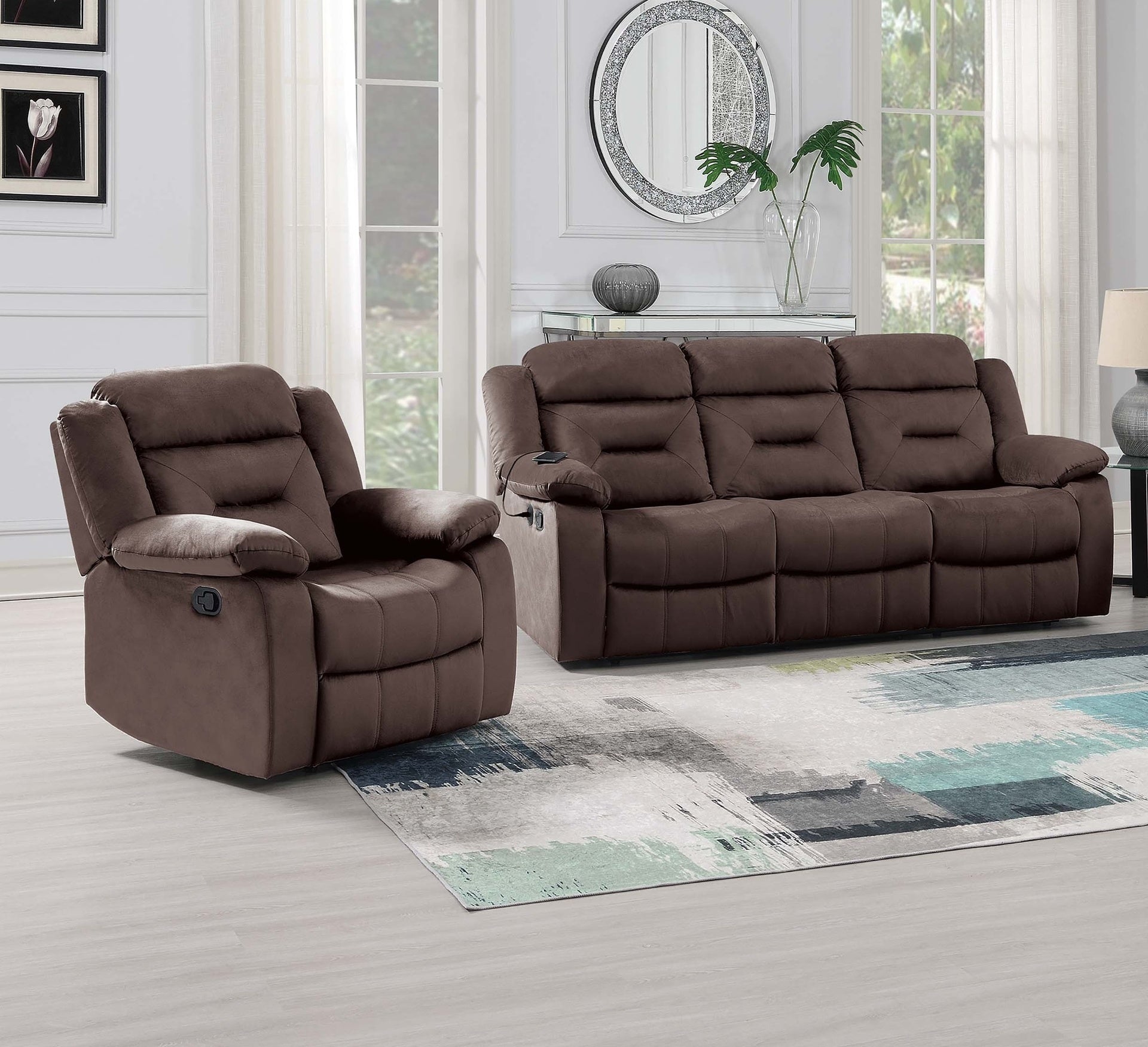 2pc Living Room Set 1x Sofa 1x Recliner Pillow Armrest Supportive Headrest Vertical Tufting Chocolate Finish Contemporary Primary Living Room Furniture