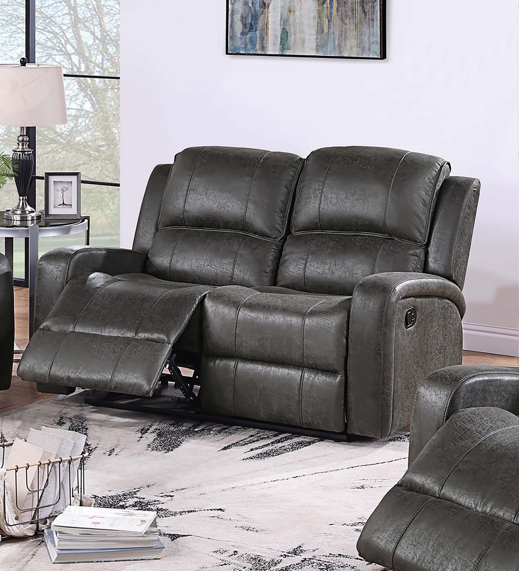 Manual Reclining Loveseat 1pc Smoke Finish Horizontal And Light Vertical Tufting Padded Seat And Backrest Primary Room Furniture