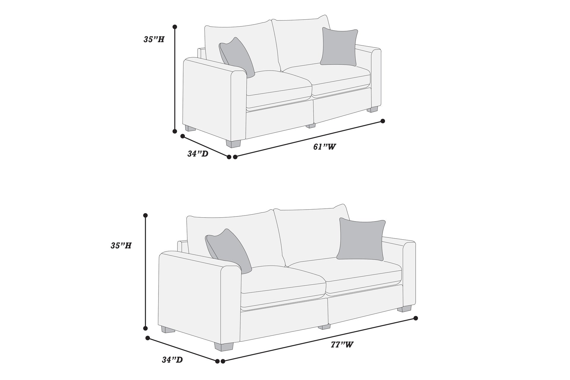 Contemporary Style 2pc Sofa Set 1x Loveseat 1x Sofa Set Cushion Back Matching Pillow Square Arms Wooden Legs Dark Gray Finish Primary Living Room