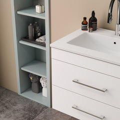 24-Inch White Gloss Wall-Mounted Bathroom Vanity with Double Drawers,Soft-Close System, Ceramic Sink, and Aluminium frame – Create a Modern and Minimalist Bathroom Space!Glossy White