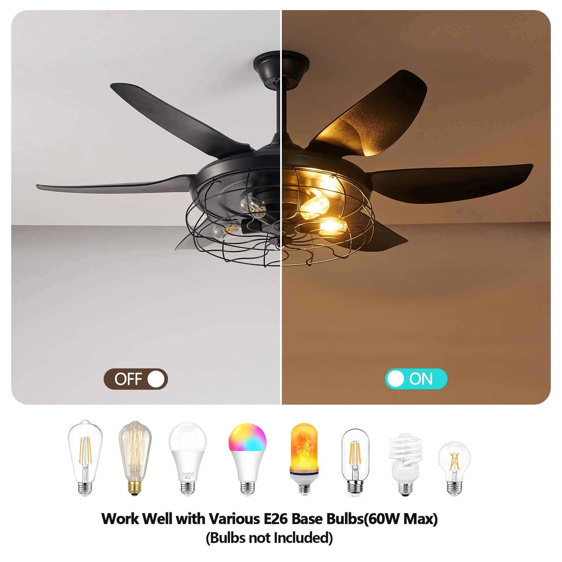 52" Modern Black Ceiling Fan with Light, 6 Fan Blades and Industrial Cage Design, Adjustable Speed for Living Room, Bedroom, Dining Room (Silent/6-Speed/Reversible/DC Motor) (Bulb Not Included)
