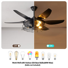 52" Modern Black Ceiling Fan with Light, 6 Fan Blades and Industrial Cage Design, Adjustable Speed for Living Room, Bedroom, Dining Room (Silent/6-Speed/Reversible/DC Motor) (Bulb Not Included)