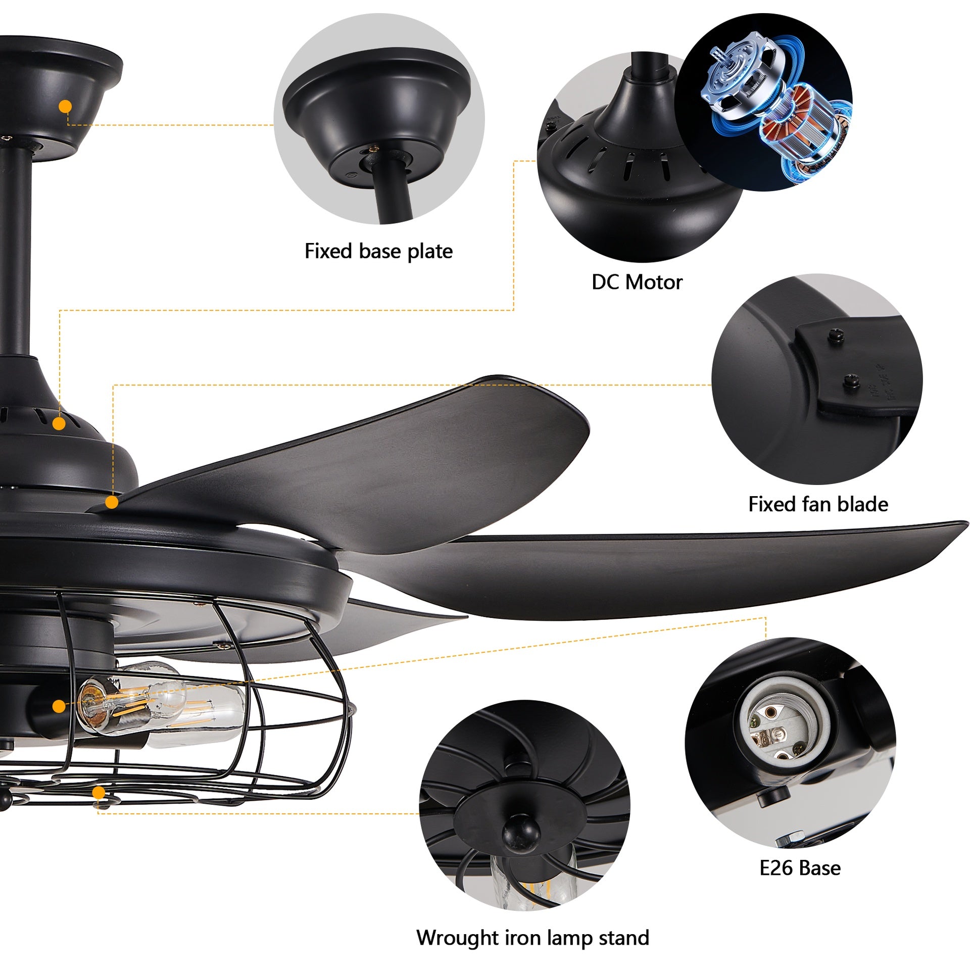 52" Modern Black Ceiling Fan with Light, 6 Fan Blades and Industrial Cage Design, Adjustable Speed for Living Room, Bedroom, Dining Room (Silent/6-Speed/Reversible/DC Motor) (Bulb Not Included)