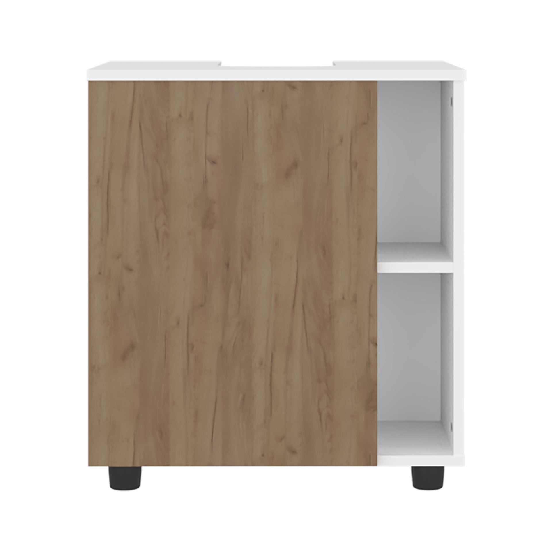 Pascuale Two Side Shelves Under Sink Cabinet with One Doors, Cut-Out Back, Compact 22 Freestanging Bathroom Storage, White, Natural Oak