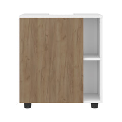 Pascuale Two Side Shelves Under Sink Cabinet with One Doors, Cut-Out Back, Compact 22 Freestanging Bathroom Storage, White, Natural Oak