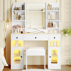 43.2 inch  Vanity Desk with LED Mirror and Lights, Glass Top Vanity with RGB Glass Light Cabinets, Dressing Table with 3 Drawers ,Storage Shelves and Stool for Bedroom, White