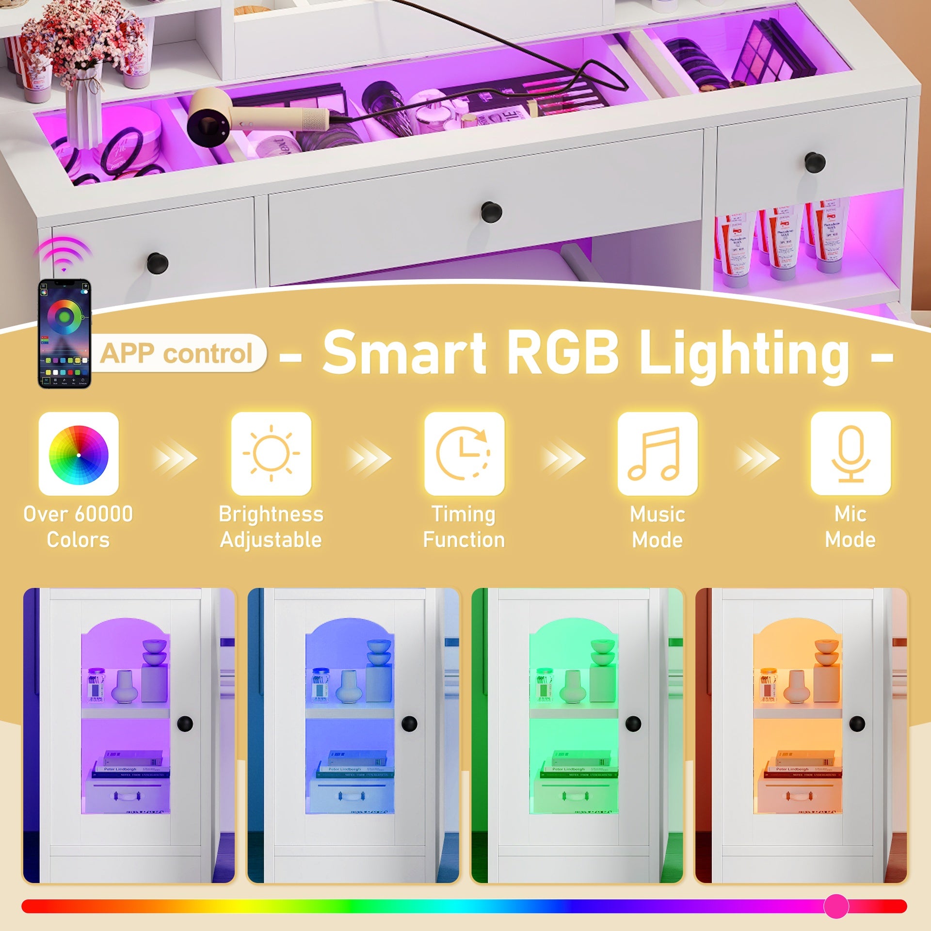 43.2 inch  Vanity Desk with LED Mirror and Lights, Glass Top Vanity with RGB Glass Light Cabinets, Dressing Table with 3 Drawers ,Storage Shelves and Stool for Bedroom, White