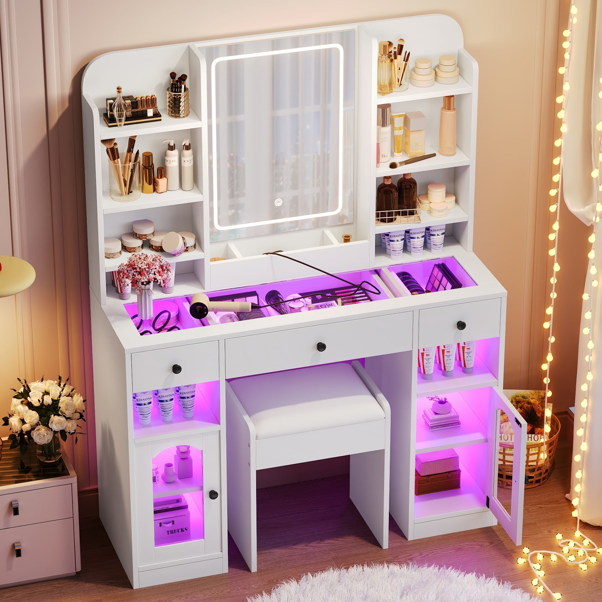 43.2 inch  Vanity Desk with LED Mirror and Lights, Glass Top Vanity with RGB Glass Light Cabinets, Dressing Table with 3 Drawers ,Storage Shelves and Stool for Bedroom, White