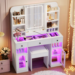 43.2 inch  Vanity Desk with LED Mirror and Lights, Glass Top Vanity with RGB Glass Light Cabinets, Dressing Table with 3 Drawers ,Storage Shelves and Stool for Bedroom, White
