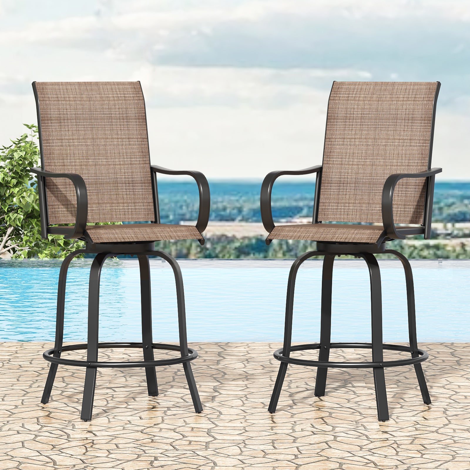Patio Barstools Set of 2, Swivel Outdoor Patio Bar Stools with Textilene Fabric, Height Top Outdoor Chair 360° Swivel, All Weather Use, Ergonomic Comfort Bar Height Tall Stools for Outside