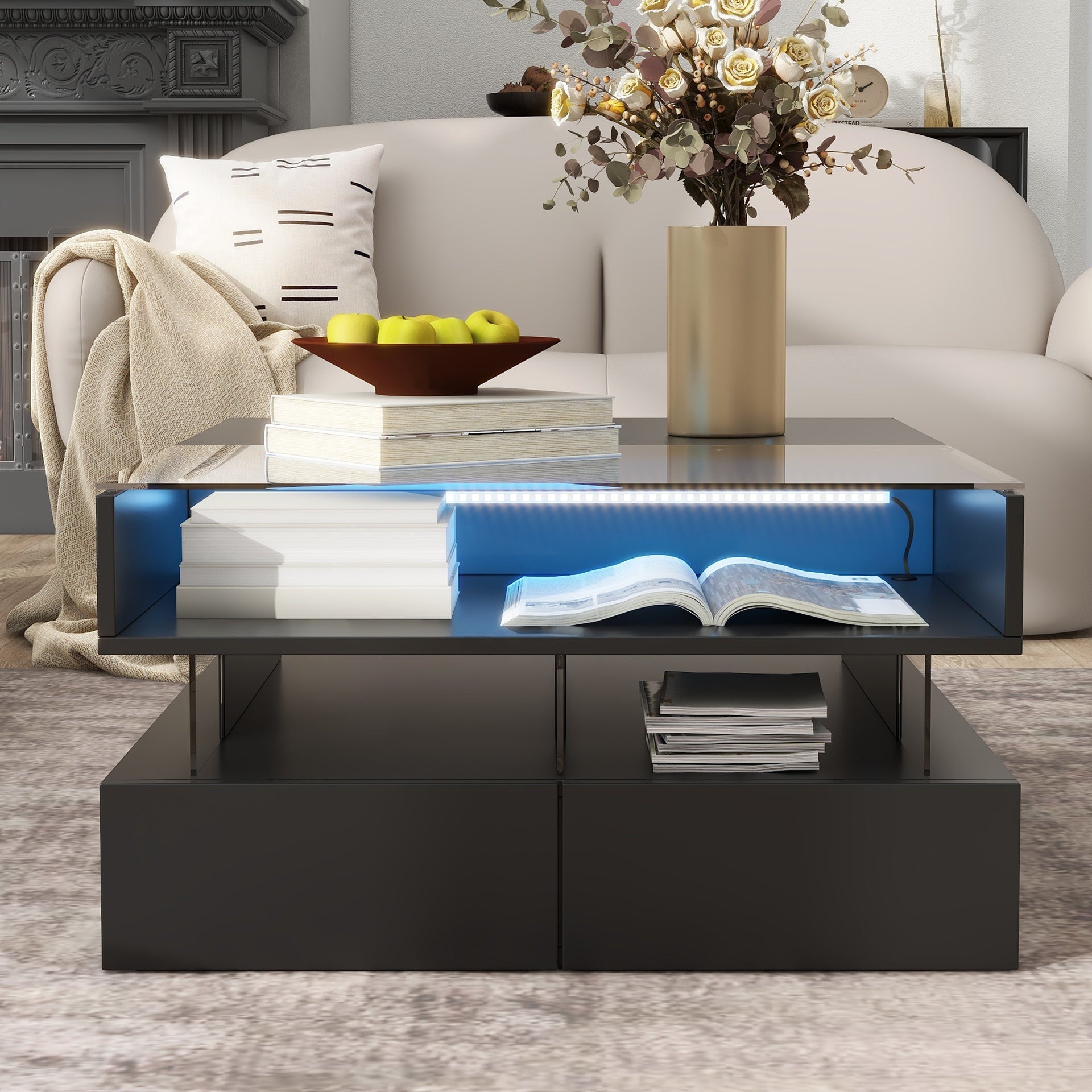 VIBE HAUS  Lift-Top Coffee Table with 2 Drawers, Modern Square Coffee Table with Glass Top and High-Gloss Finish, Hidden Space and LED Lights for Living Room