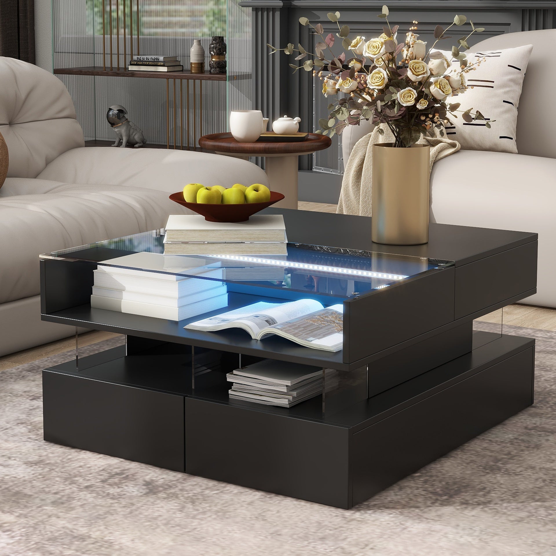 VIBE HAUS  Lift-Top Coffee Table with 2 Drawers, Modern Square Coffee Table with Glass Top and High-Gloss Finish, Hidden Space and LED Lights for Living Room