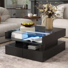 VIBE HAUS  Lift-Top Coffee Table with 2 Drawers, Modern Square Coffee Table with Glass Top and High-Gloss Finish, Hidden Space and LED Lights for Living Room