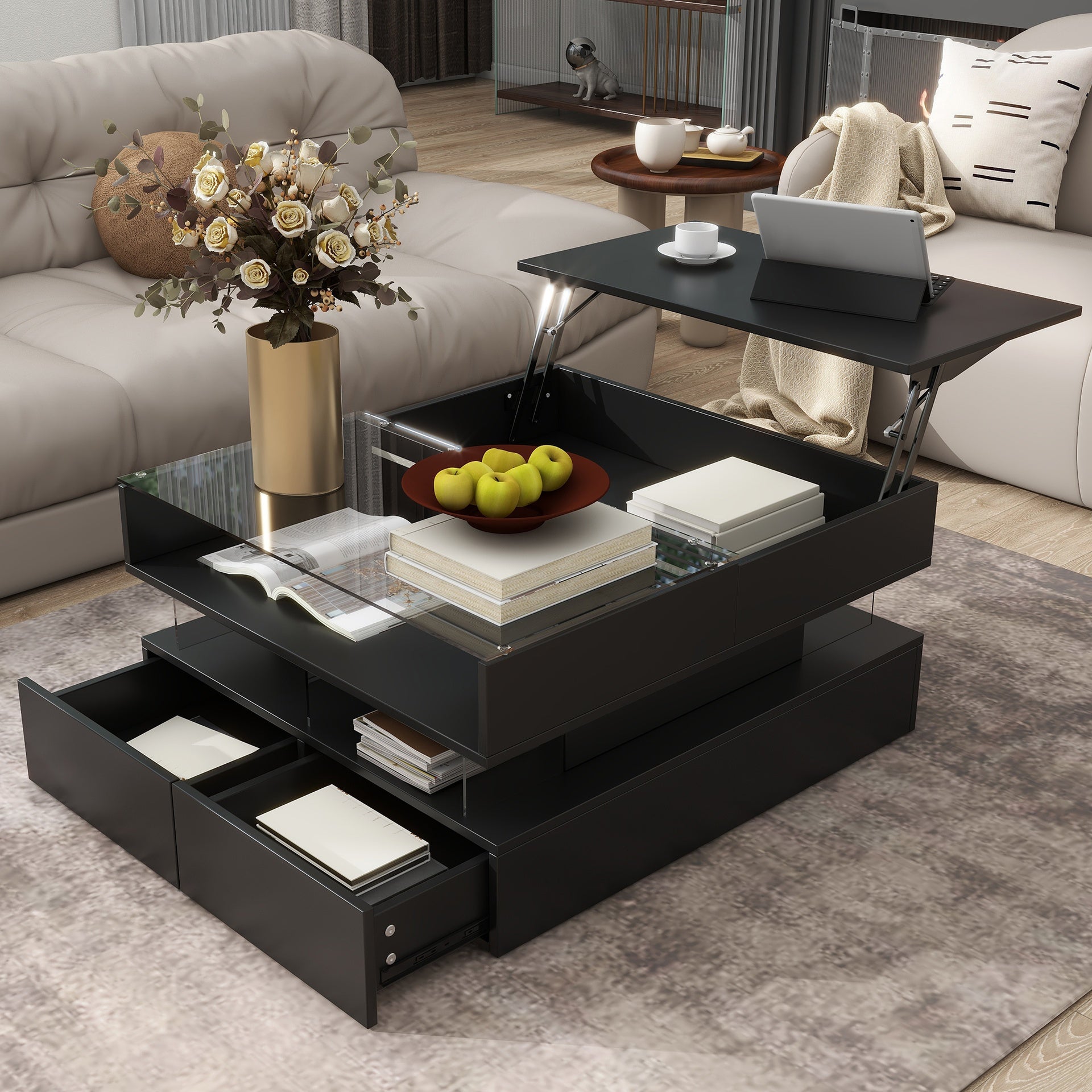 VIBE HAUS  Lift-Top Coffee Table with 2 Drawers, Modern Square Coffee Table with Glass Top and High-Gloss Finish, Hidden Space and LED Lights for Living Room