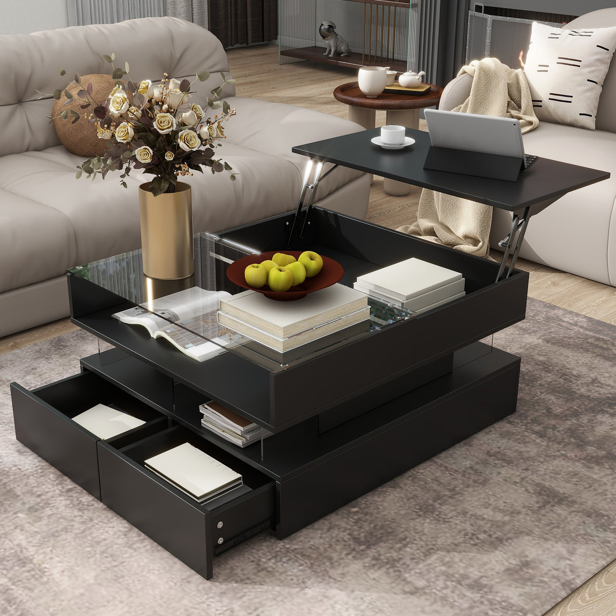 VIBE HAUS  Lift-Top Coffee Table with 2 Drawers, Modern Square Coffee Table with Glass Top and High-Gloss Finish, Hidden Space and LED Lights for Living Room