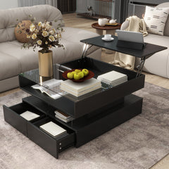 VIBE HAUS  Lift-Top Coffee Table with 2 Drawers, Modern Square Coffee Table with Glass Top and High-Gloss Finish, Hidden Space and LED Lights for Living Room