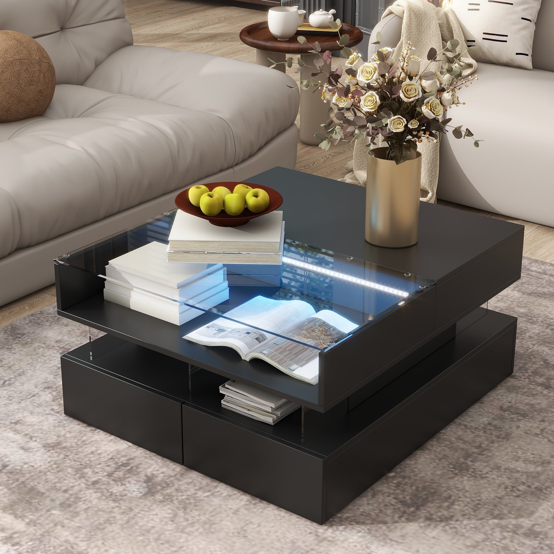 VIBE HAUS  Lift-Top Coffee Table with 2 Drawers, Modern Square Coffee Table with Glass Top and High-Gloss Finish, Hidden Space and LED Lights for Living Room
