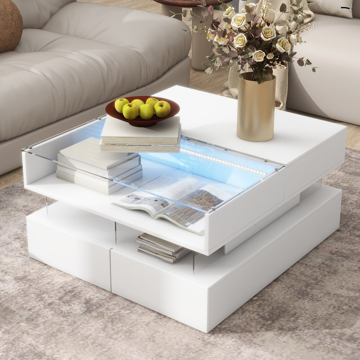 VIBE HAUS  Lift-Top Coffee Table with 2 Drawers, Modern Square Coffee Table with Glass Top and High-Gloss Finish, Hidden Space and LED Lights for Living Room