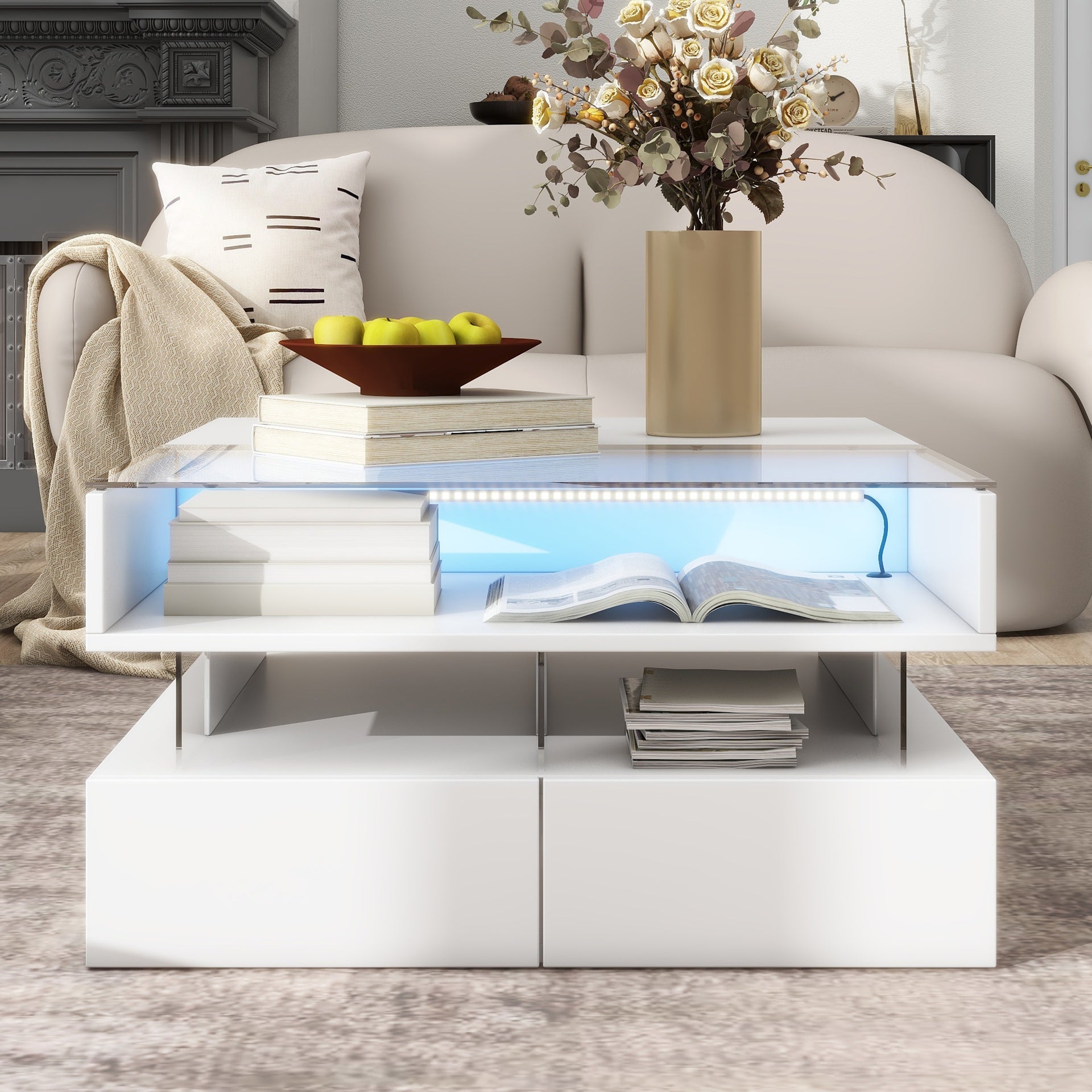 VIBE HAUS  Lift-Top Coffee Table with 2 Drawers, Modern Square Coffee Table with Glass Top and High-Gloss Finish, Hidden Space and LED Lights for Living Room