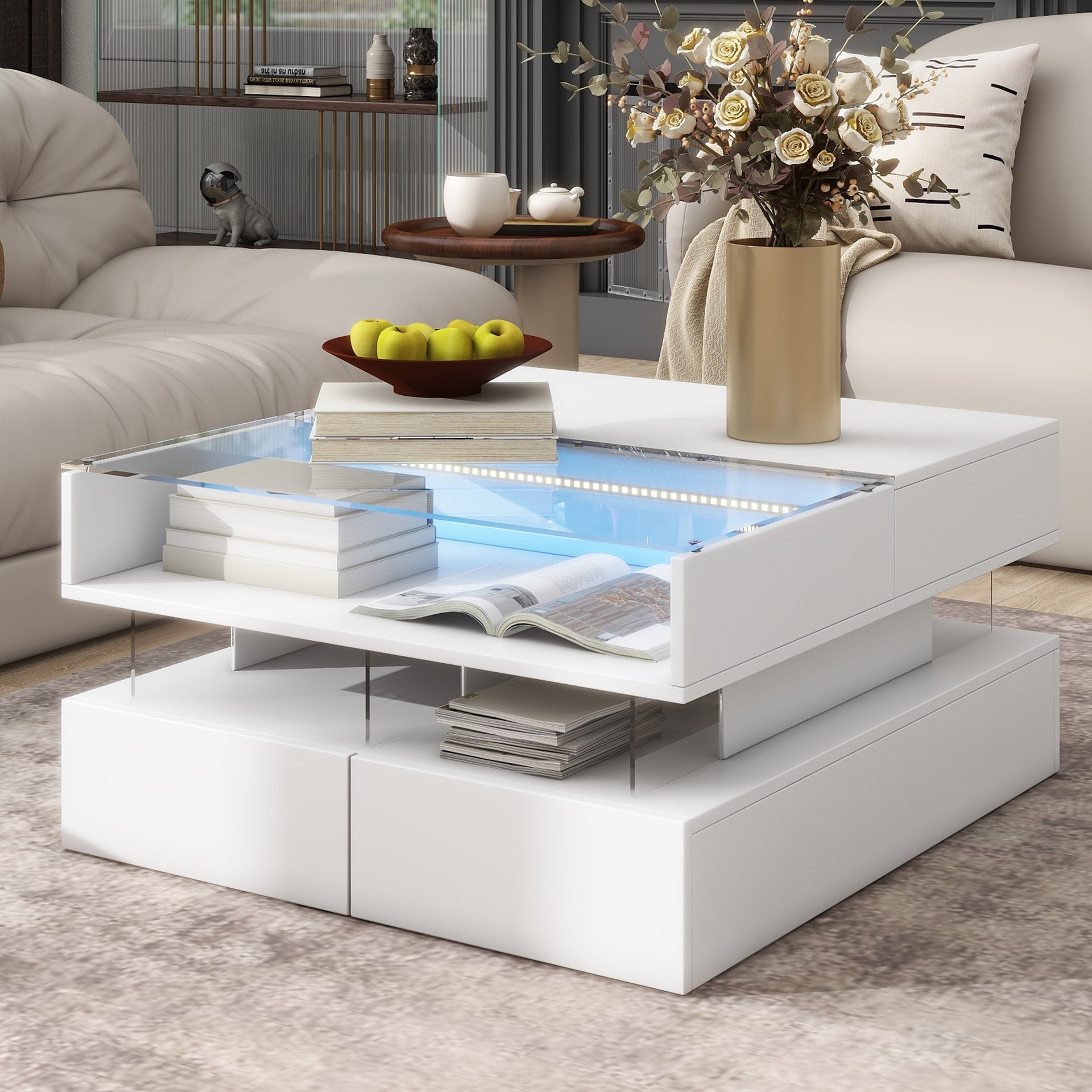 VIBE HAUS  Lift-Top Coffee Table with 2 Drawers, Modern Square Coffee Table with Glass Top and High-Gloss Finish, Hidden Space and LED Lights for Living Room