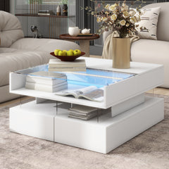 VIBE HAUS  Lift-Top Coffee Table with 2 Drawers, Modern Square Coffee Table with Glass Top and High-Gloss Finish, Hidden Space and LED Lights for Living Room