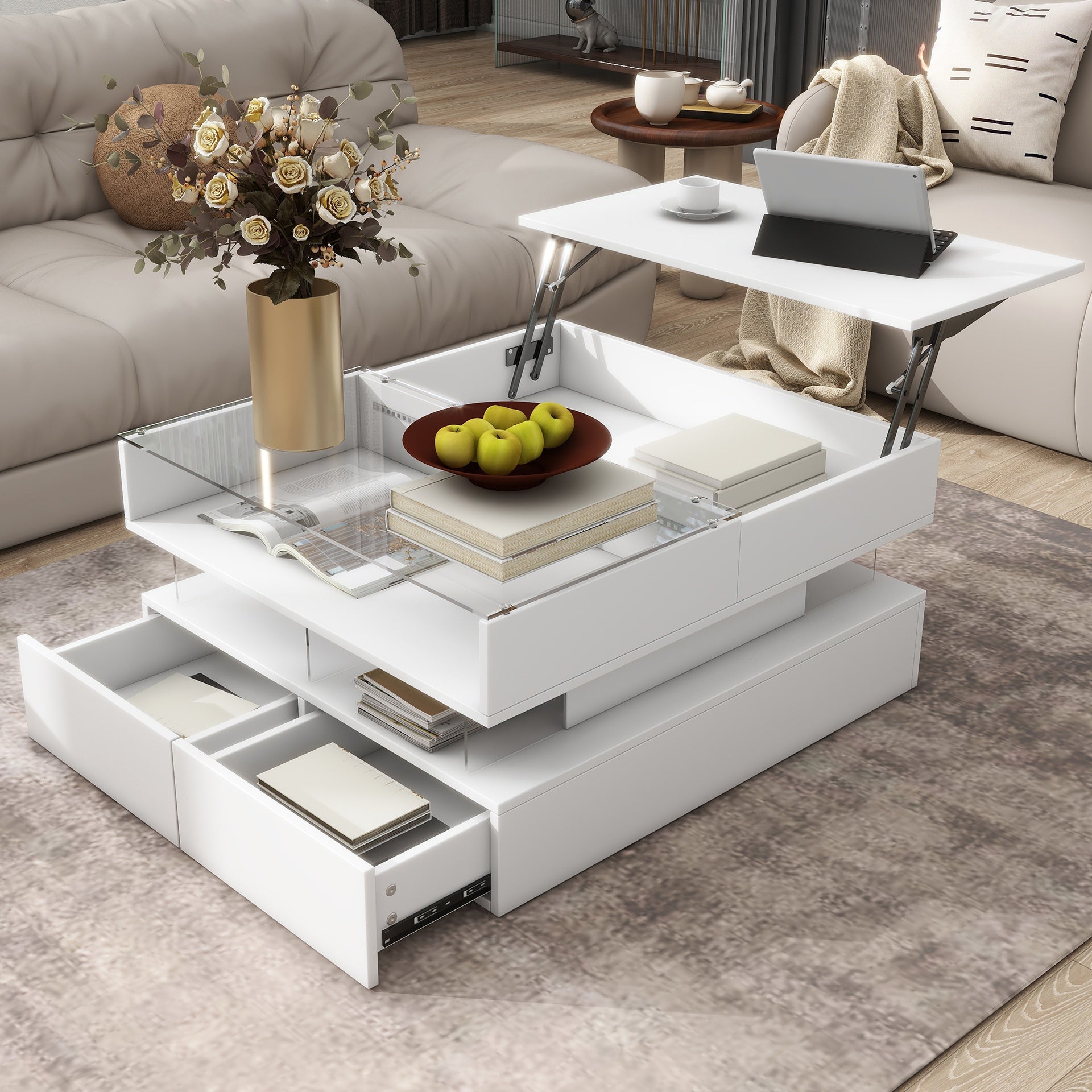 VIBE HAUS  Lift-Top Coffee Table with 2 Drawers, Modern Square Coffee Table with Glass Top and High-Gloss Finish, Hidden Space and LED Lights for Living Room