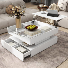 VIBE HAUS  Lift-Top Coffee Table with 2 Drawers, Modern Square Coffee Table with Glass Top and High-Gloss Finish, Hidden Space and LED Lights for Living Room