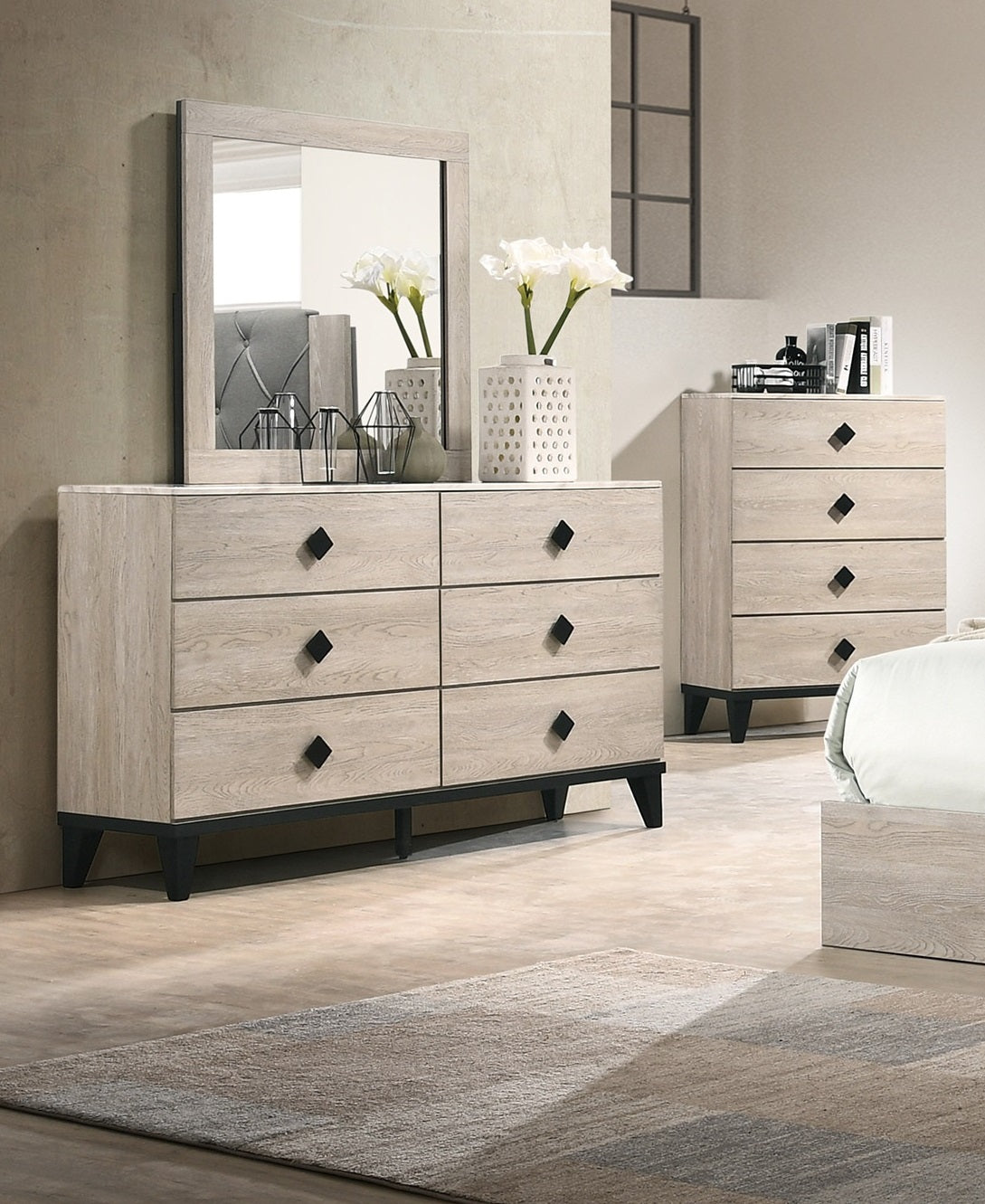 Modern Design Bedroom Furniture 1pc Dresser Only Beautiful Knob Pulls 6x Drawers Storage Faux Marble Top Cream Color Dresser