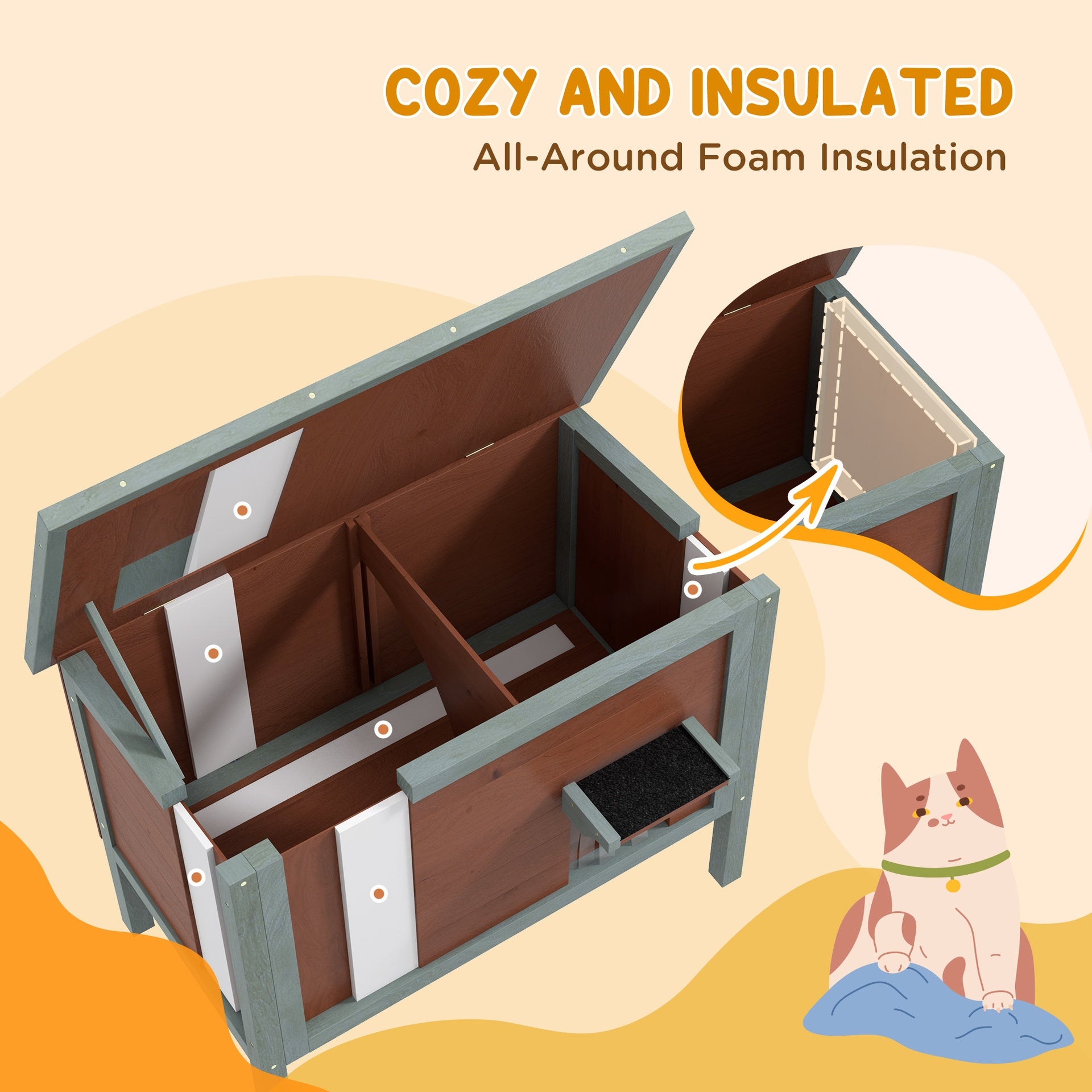 PawHut Outdoor Cat House, Wooden Feral Cat House, All-Around Foam Insulated Cat Shelter with Weatherproof Roof, Removable Floor, Openable Roof, Brown
