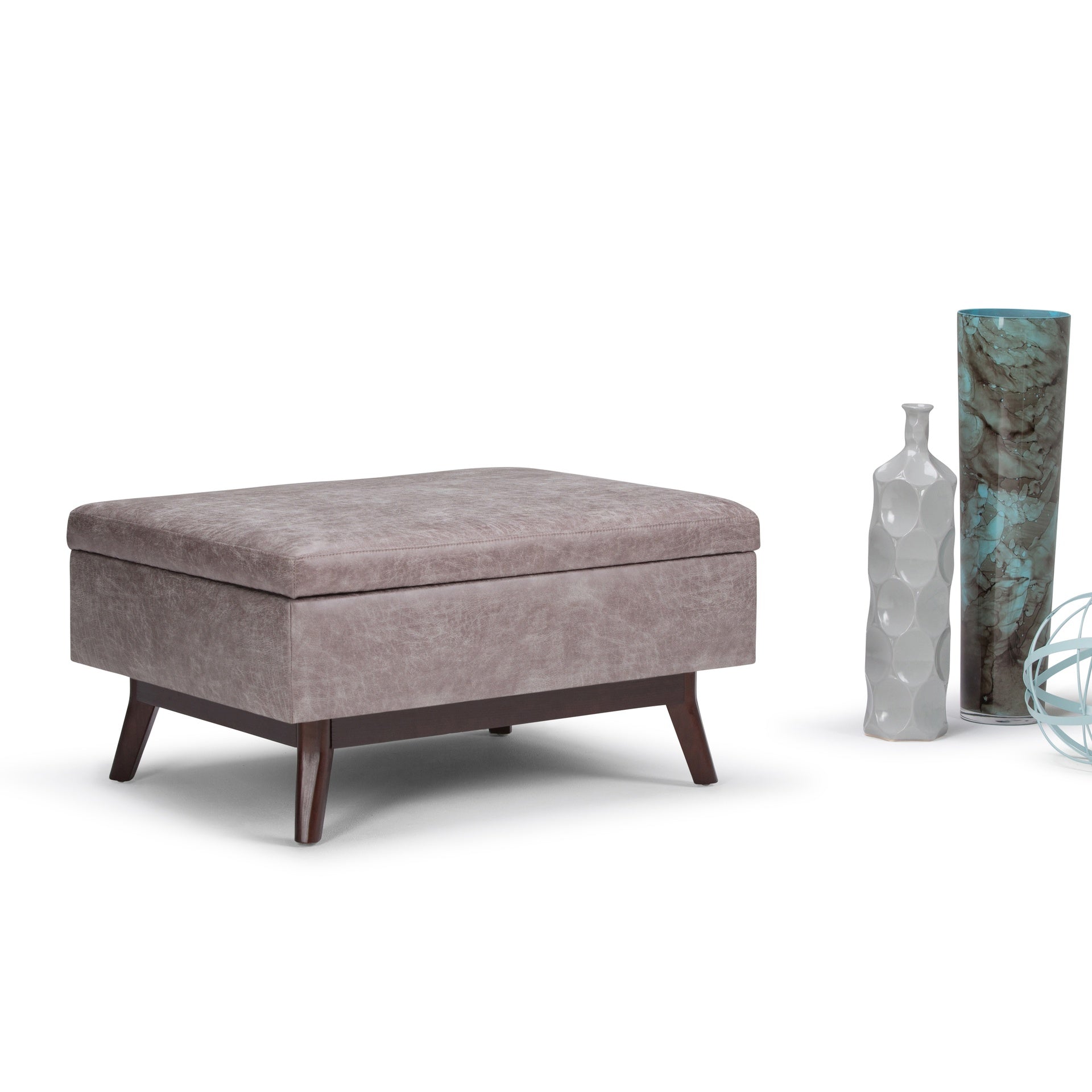 Owen 34 inch Wide Coffee Table Storage Ottoman in Distressed Grey Taupe Vegan Leather