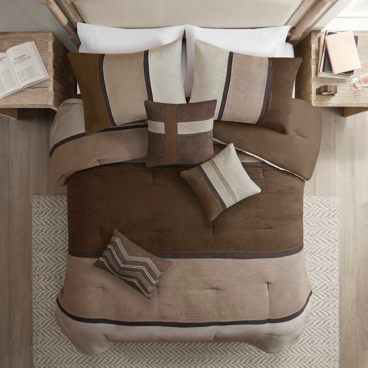 7 Piece Faux Suede Comforter Set Brown King
