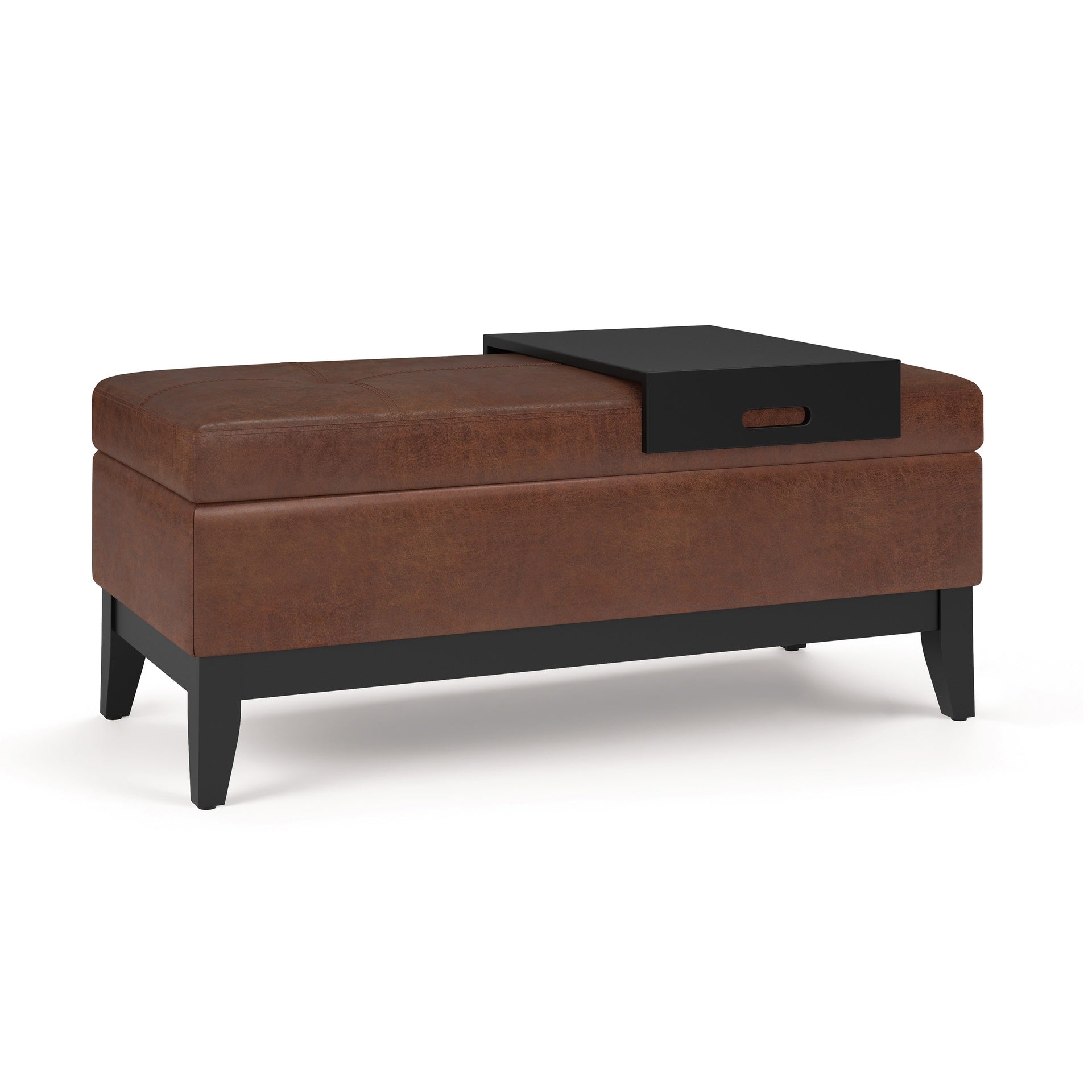 Oregon 42 inch Wide Storage Ottoman Bench with Tray in Distressed Saddle Brown Vegan Leather