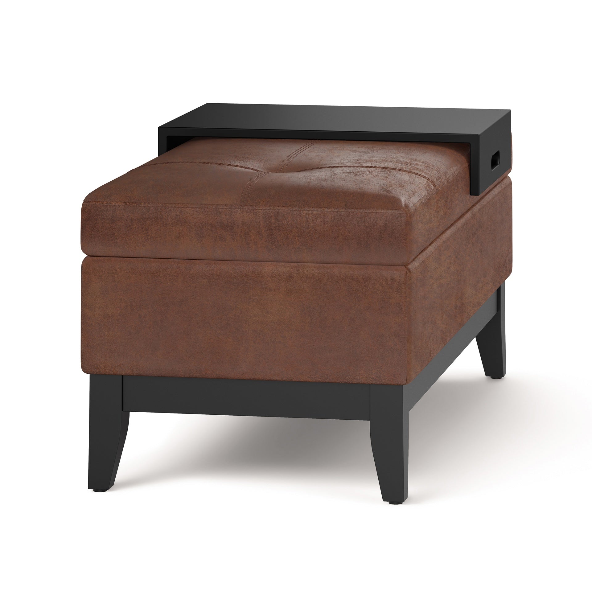 Oregon 42 inch Wide Storage Ottoman Bench with Tray in Distressed Saddle Brown Vegan Leather