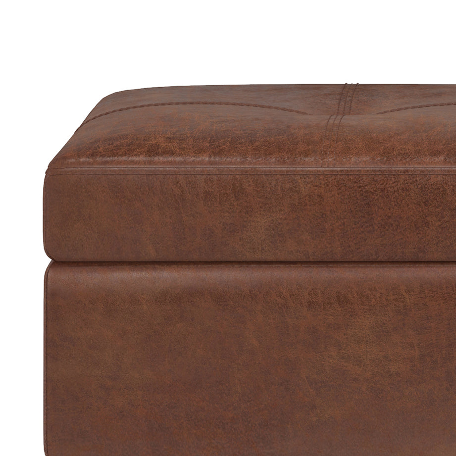 Oregon 42 inch Wide Storage Ottoman Bench with Tray in Distressed Saddle Brown Vegan Leather