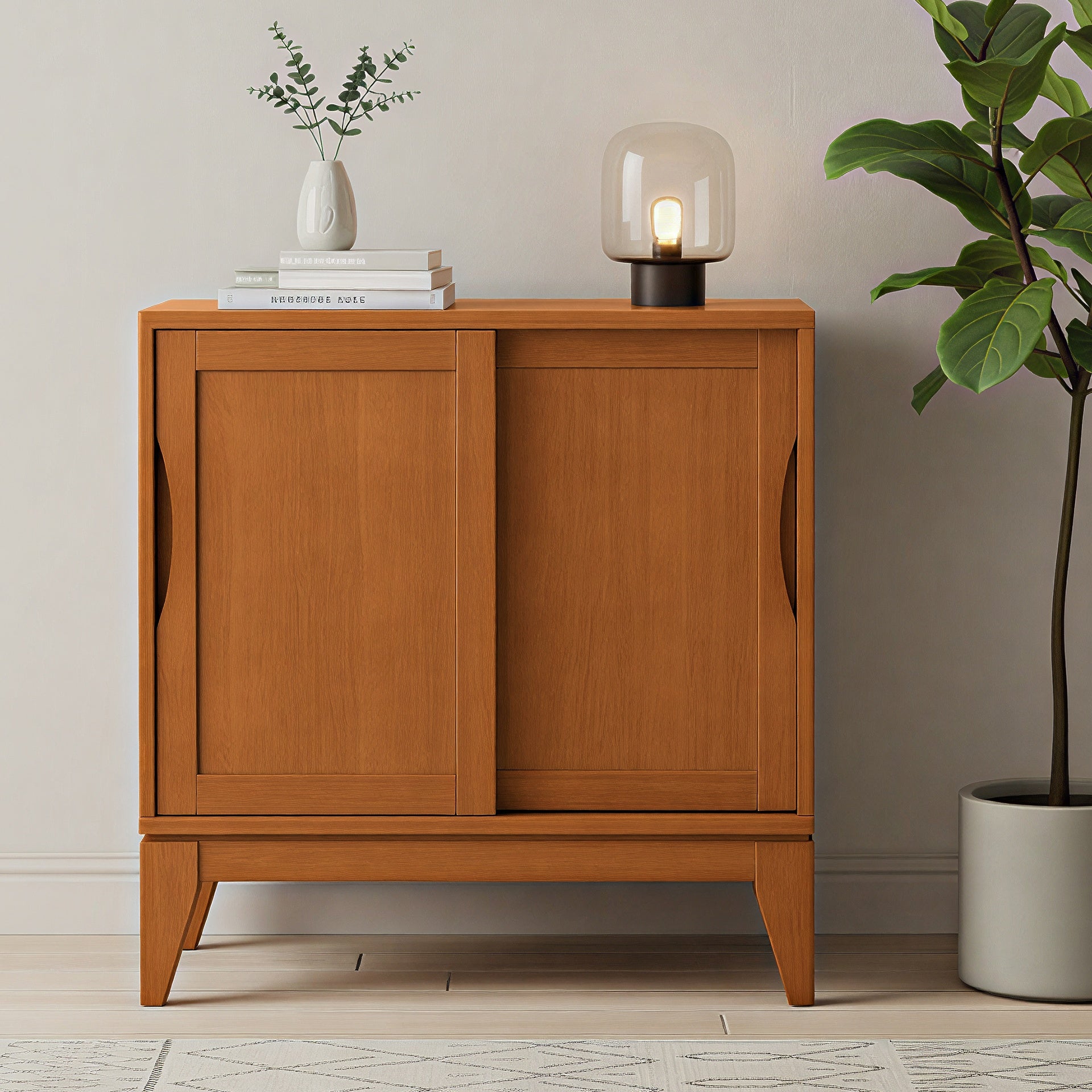 Harper 30 inch Wide Solid Hardwood Mid-Century Modern Low Storage Cabinet in Teak Brown
