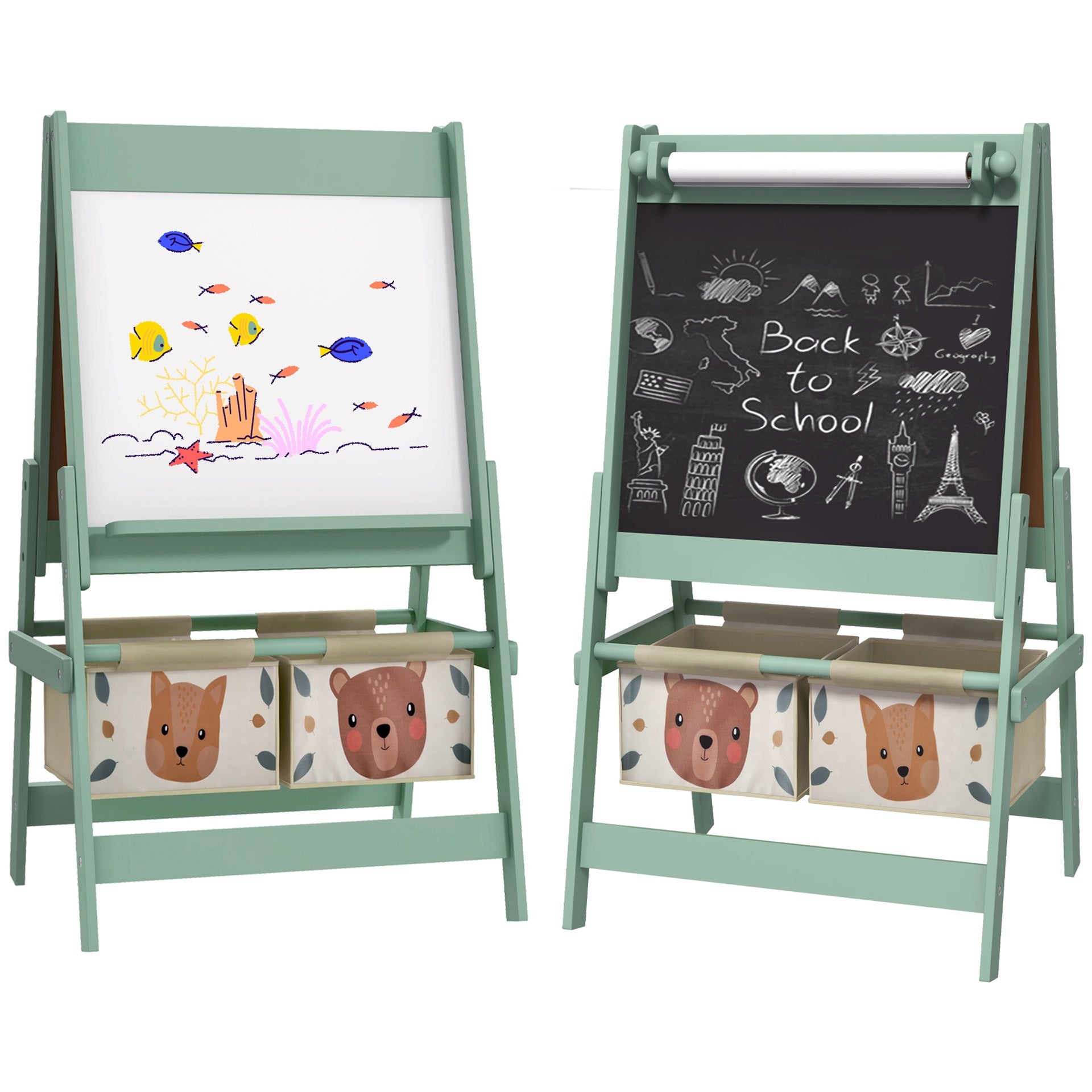 Qaba Art Easel for Kids with Paper Roll, 3 in 1 Toddler Painting Easel with Blackboard, Whiteboard, Storage Baskets, Green